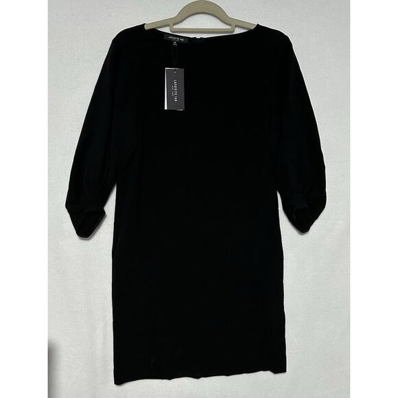 LAFAYETTE 148 NWT Wynona Black Crepe Ruched Sleeve Pockets Midi Shift Dress XS - Picture 1 of 8